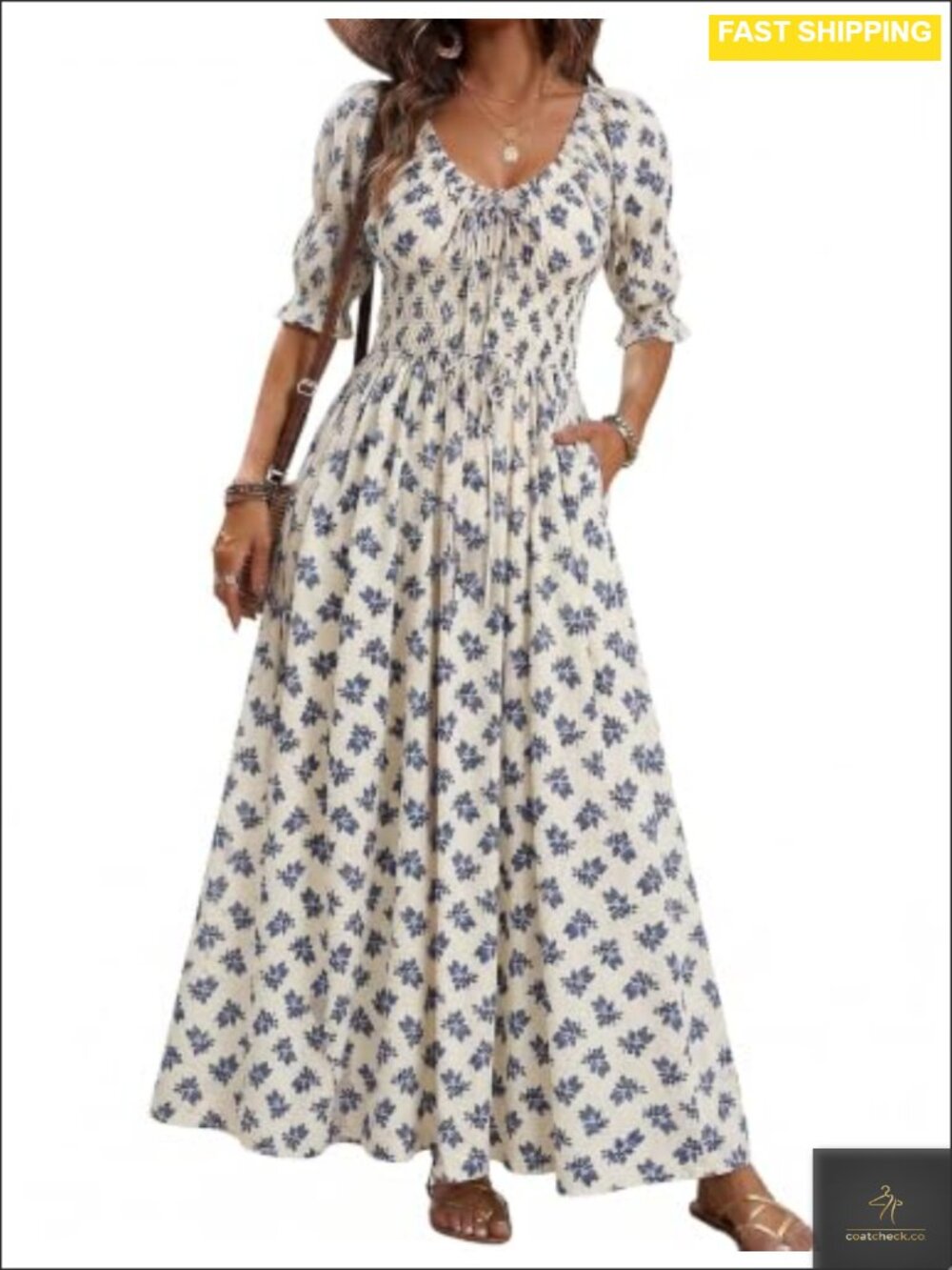 Boho Floral Puff Sleeve Maxi Dress with Pockets Casual Summer
